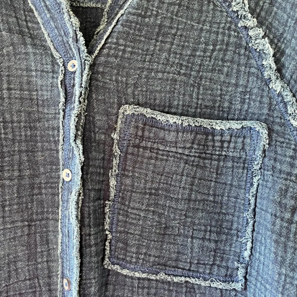 Aerie Sz M Oversized Indigo Blue Gauze Cover Up Button Down Shirt Dress Pocket - Picture 8 of 14